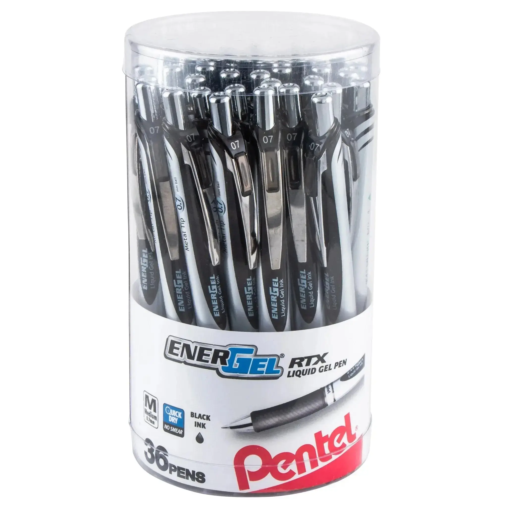 EnerGel RTX Retractable Quick Dry Smooth Writing Liquid Gel Pen - 0.7mm Metal Tip, Medium Line, 36-Piece Canister Pack, Quick Dry Pens, Retractable Pens