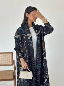 Miyake Women's Abaya Long Robe Jacket Ethnic Floral Print, Loose-Fitting Pleated Belted Design, All Seasons Fashion Essential