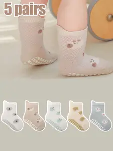 5 Pairs Baby Boys Girls Anti-Slip Socks, Breathable Floor Socks, Soft Comfortable Fabric, Cartoon Pattern, Toddler Walking Socks