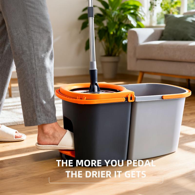 Spin Mop Bucket with Wringer Set, Operable 360 ° Rotating Mop Bucket Set, with 4 Microfiber Replacement Head ,Stainless Steel Mop Bucket  Adjustable Handle Household Cleaning Tools Black Plastic
