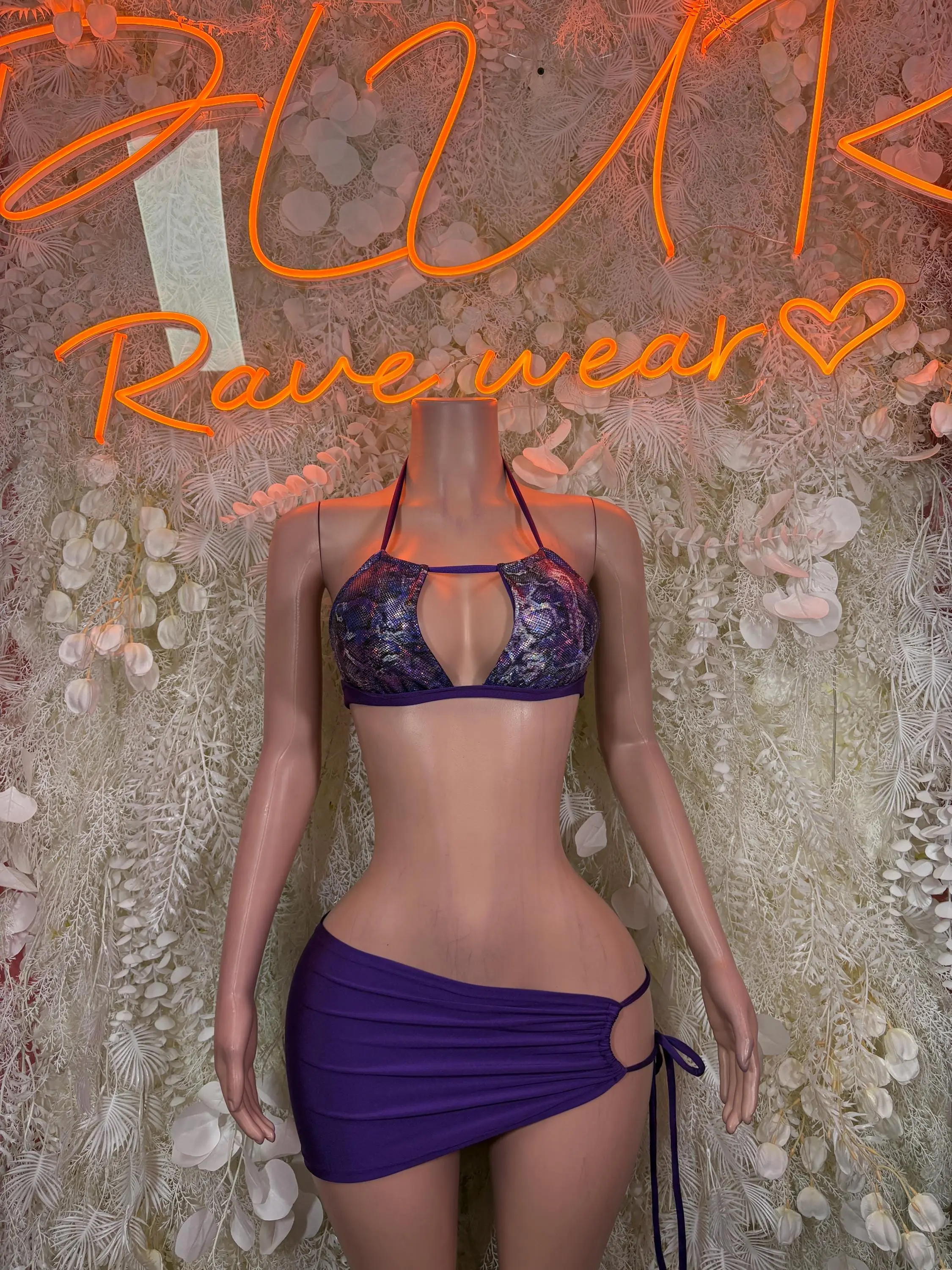 Women's 2-Piece Exotic Purple Snakeskin Sleeveless Halter Top & Ruched Short Mini Skirt Set, Holographic Festival Rave Clothes Outfit