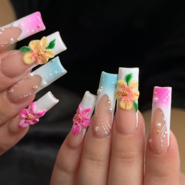 Pink Blue Ombre French Tip Press On Nails with 3D Flower Charms Handmade Coffin False Nails Elegant Luxury Gel Nail Art Set for Weddings Parties Everyday Style