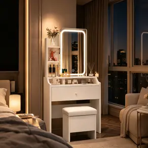 Modern White European Style Makeup Vanity Desk with Glass Top, LED Mirror (3 Modes), Drawers & Shelf for Bedroom Women