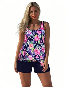 Swimsuit for Women, Floral Plus Size Tankini Swimsuit for Women Two PieceTummy Control Bathing Suit Blouson Racerback Tankini Top with Shorts