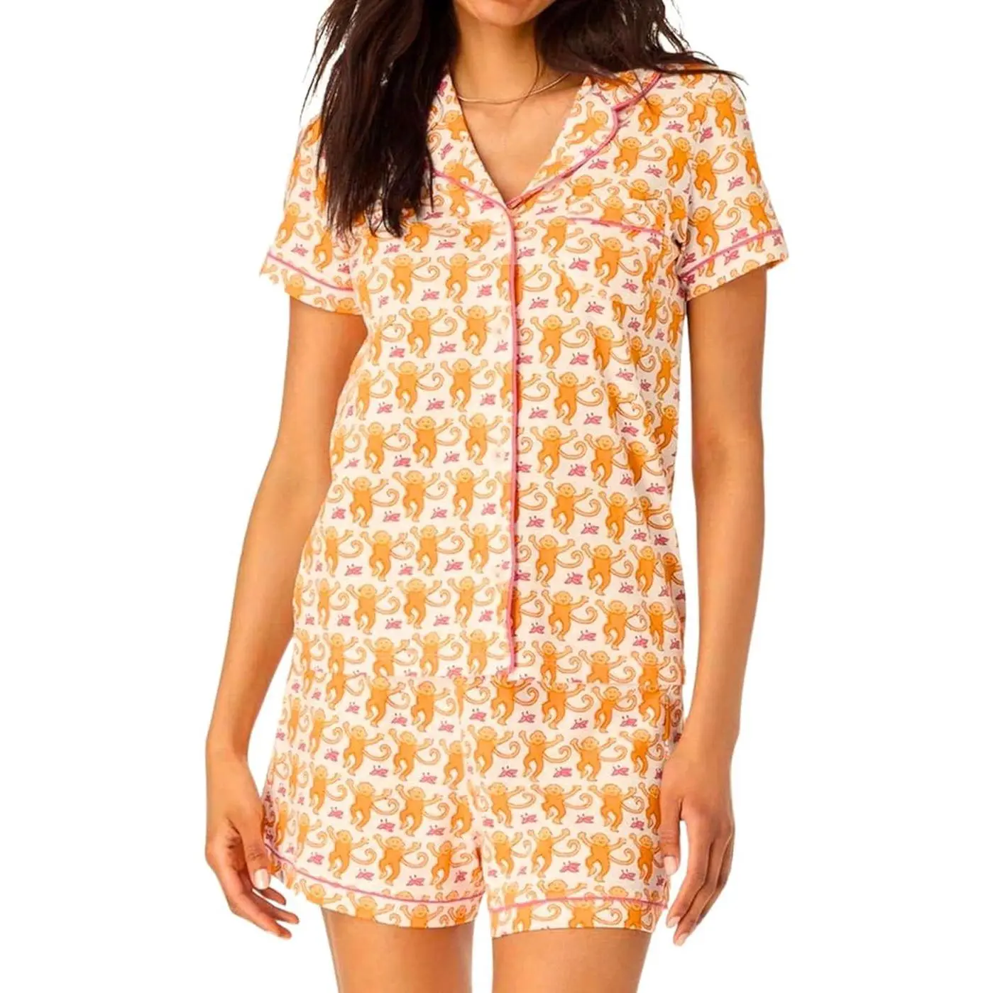 2025 Y2K Orange Women s Pajama Set: Button Down Top & Shorts Loungewear Sleepwear Preppy Monkey Beach - Short Sleeve