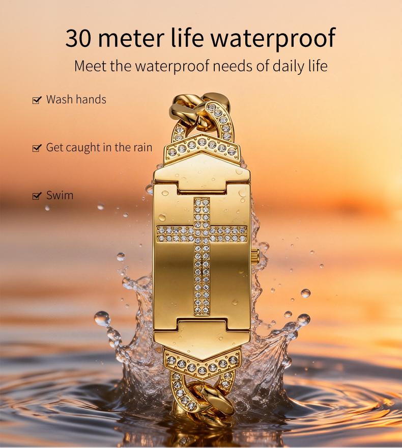 Gold Cross Bracelet Watch  SummerWins  4th of july accessories Sparkling Crystal Cross Embellishment, Geometric Rectangular Dial, Premium Metal Bracelet Timepiece, Perfect for Daily Elegance & Gifting Perfect Mother’s Day gift