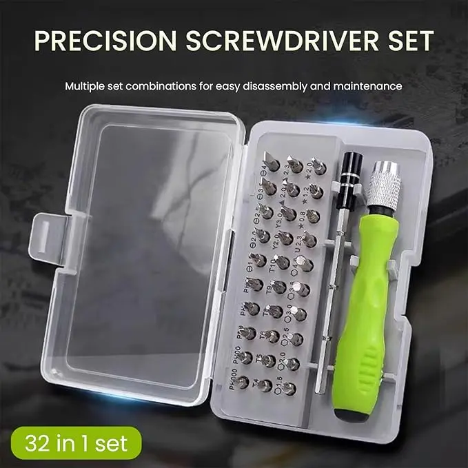 32-in-1 Professional Precision Screwdriver Set, Magnetic Repair Tool Kit with Green Handle, Diverse Bits for Electronics, Eyeglasses & Small Appliance Repair
