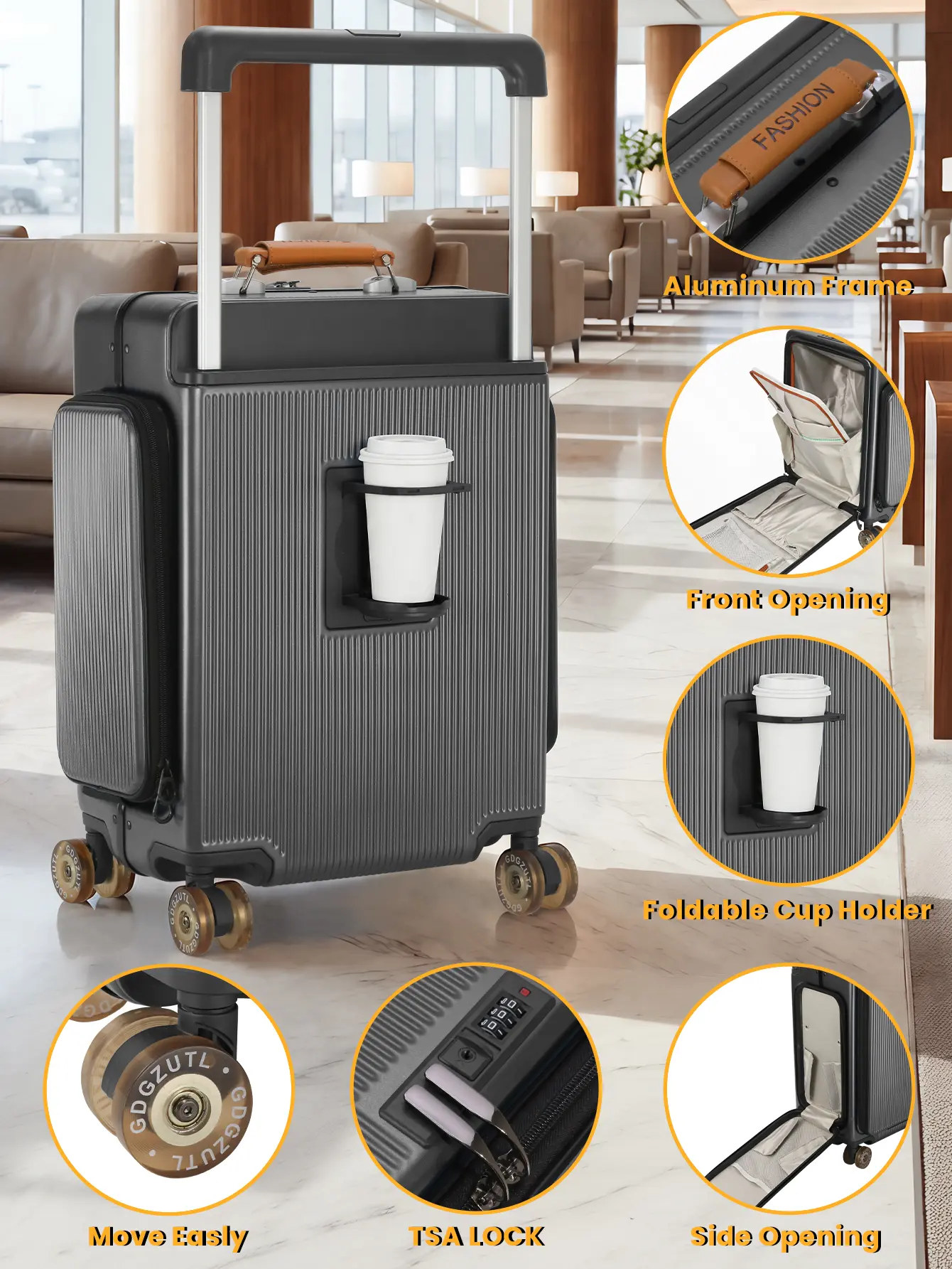 Titanium Gray Carry-On Luggage - Front-Open Hard-Shell Suitcase with 14" Laptop Compartment, Foldable Cup Holder, Dual Side Pockets, Aluminum Frame, TSA Lock & 1-Button Removable Wheels