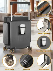 Carry-On Suitcase - Front-Open Hard-Shell Travel Bag with14" Laptop Compartment, Foldable Cup Holder & Dual SidePockets, Aluminum Frame, TSA Lock (Titanium Gray)