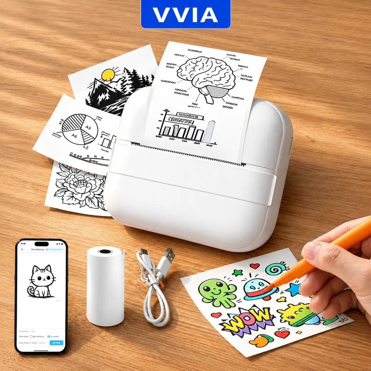 Portable Thermal Printer, USB Rechargeable WirelessPrinter with DIY Random Stickers Included,  one Roll of Thermal Paper, Suitable for Home, Office,and School Pocket Printer photo printer