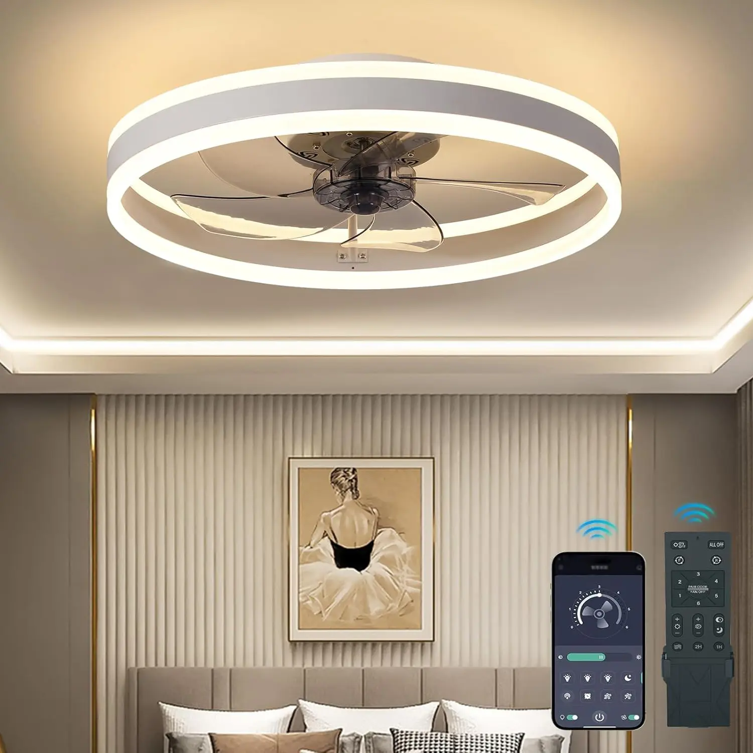 Letmarey Ceiling Fans with Lights and Remote 19.7in Flush Mount 3000K-6500K Dimmable Fandelier LED Fan Light Low Profile Bladeless for Bedroom 6-Speed Reversible APP Control Soft Airflow
