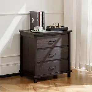 Rustic Farmhouse Nightstand - Reclaimed Solid Wood, Three Drawer Bedside Table, Vintage Style, Farmhouse End Table w/Metal Rails for Living Room, Bedroom, Office, Black