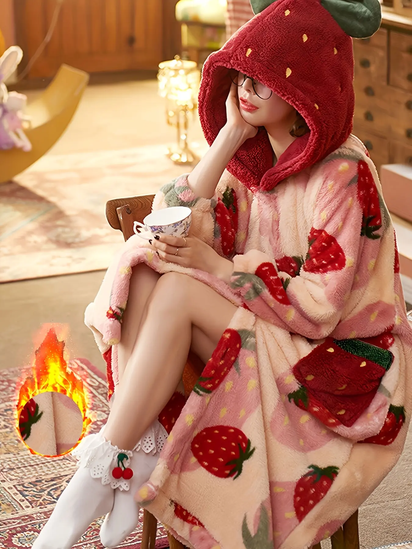 New Strawberry Women's Robe Bathrobe, Autumn Winter Coral Fleece Warm Loose Home Wear, Wearable Blanket, Fruit Print Pajama, Perfect Gift for Girlfriend