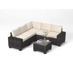 Garvee 6 Pieces Outdoor patio Sectional Furniture PE Rattan Sofa Set, All Weather Wicker Modular Patio Conversation Couch Sets with Coffee Table & Thickened Cushions for Backyard, Poolside, Brown & Beige
