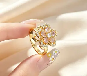 Sunflower stress-relief ring for women, gold anxiety-relief crystal ring with cubic zirconia sunflower design, adjustable rotating open ring—romantic gift for her, wedding ring, toi et moi rings,promise rings gf