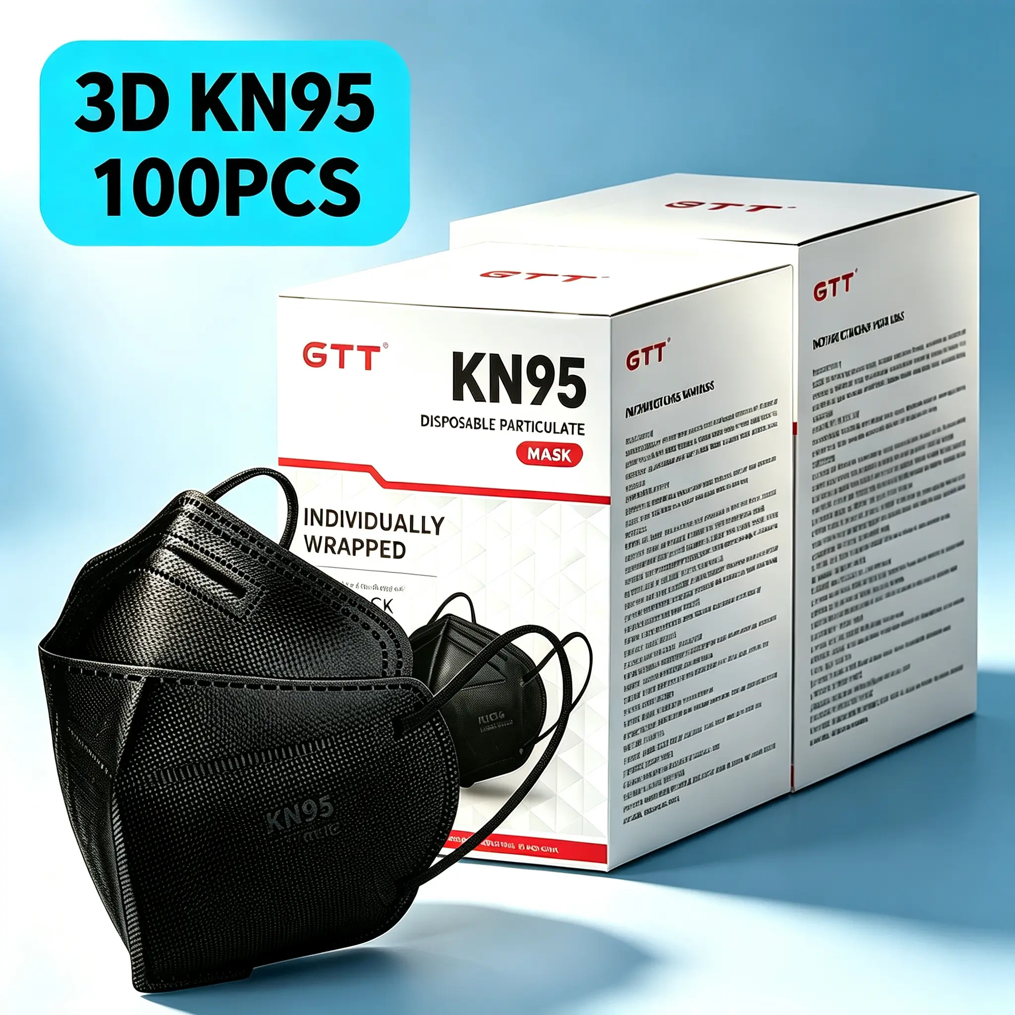 GTT Black KN95 Masks, 100 Pack, 5-Layer Disposable Protective Face Masks, 3D Foldable Design, Individually Wrapped, Soft Elastic Ear Loops, Blocks Dust, Smoke & Pollen, Ideal for Commute, Travel, Shopping & Outdoor Activities