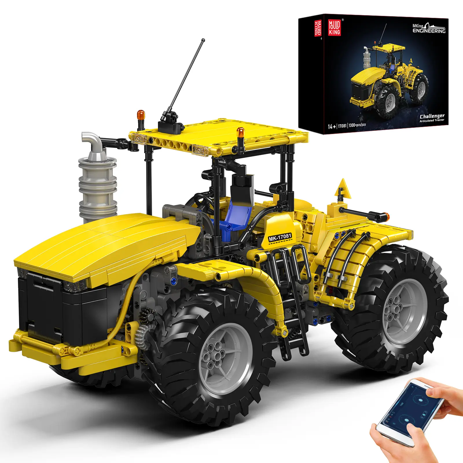 Mould King 17081 Unisex Remote Control Yellow Tractor Truck Building Set, 1300-Piece Bricks & Parts Toy for Kids, Adults, Any Occasion Gift Option, 1300 Pieces