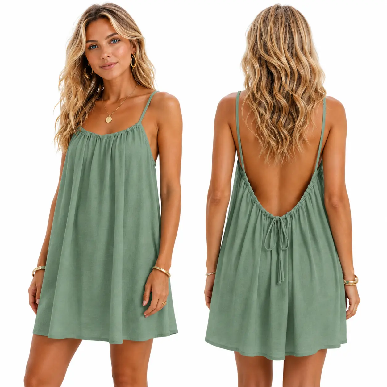 Elegant Flowy Cami Lounge Dress Women Solid Color Sleeveless Short Sundress Chic Open Back Summer Vacation Beachwear Comfortable Casual Everyday Outfit Boho Resort Holiday Cover Up