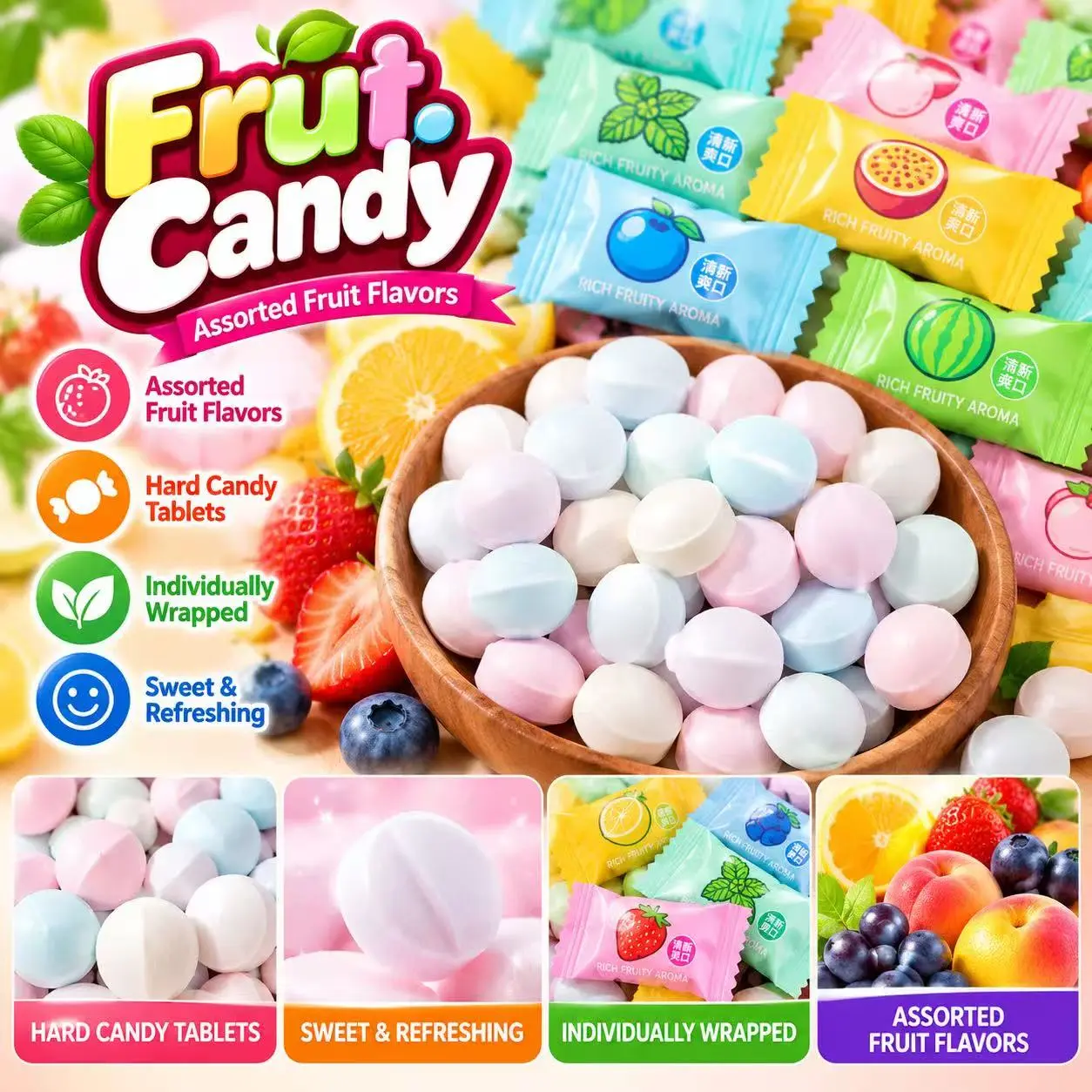 Sugar Free Vitamin C Mints, Extra Cool Fresh Breath Candy, Assorted Fruit Flavor Hard Mints, Individually Wrapped Refreshing Sweets, Halloween & Christmas Candy Gifts