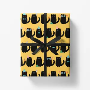 Black Cat Party Wrapping Paper Sheet - Yellow Cat Gift Wrap Sheet - Halloween Gifting - Black Cat Lovers - Birthday, Celebration