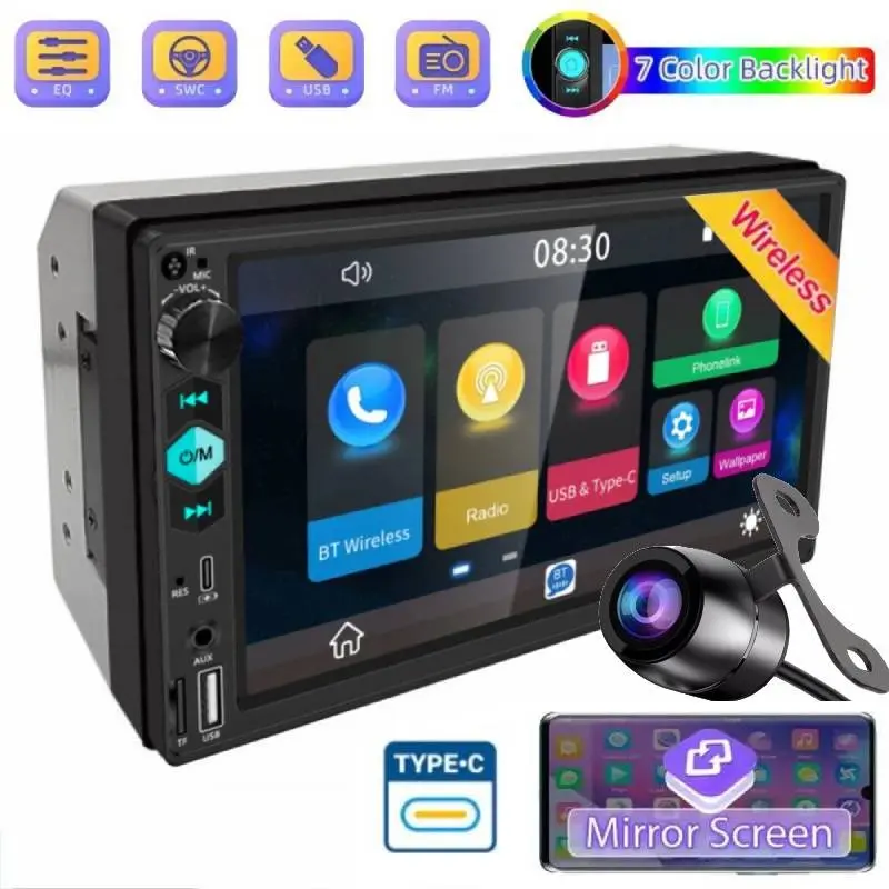 7-Inch 2din Car Multimedia Player, Mp5 Player with Rear View Backup Camera, USB Type-C TF Aux Ports, Mirrorlink Bluetooth-compatible Connectivity