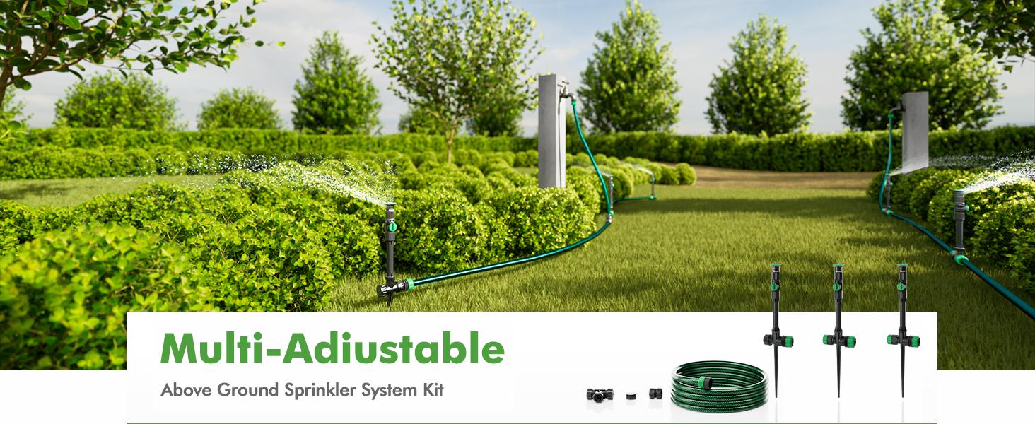 RESTMO Flexible Sprinkler System with Metal Spike Base, Above Ground DIY Irrigation Kit, Multi-Adjustable Lawn Sprinkler Set, Ideal for Plant and Flower Bed Watering, 30ft Garden Hose Included