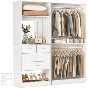 Unikito 61" Closet System, Heavy Duty Wood Closet Organizer with 4 Hanging Rods, Walk-in Wardrobe Garment Rack with Adjustable Shelves, Free-standing Clothing Rack