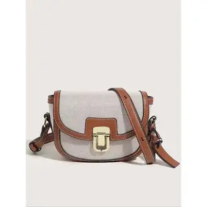 Fashion Women's Canvas Bag Patchwork Colorblock Small Crossbody Shoulder Clutch, Versatile Lock Closure Design for Girls & Ladies, Flap Crossbody Purse