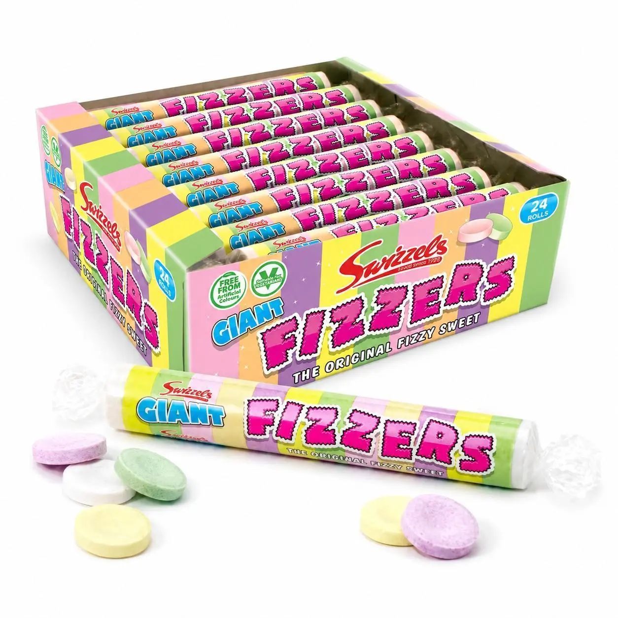 Swizzels UK Import Original Fizz Giant Fizzers Candy - 40g, 24-ct Tray Pack, Bulk Candy, Snacks for Adults, Sweet Party Treats