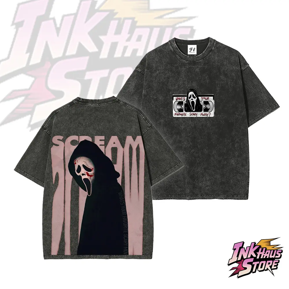 "Ghostface Killer" from the *Scream* film series, and a classic line from the film: "What's your favorite horror movie?"，Short Sleeve Cotton Unisex Retro wash Tee