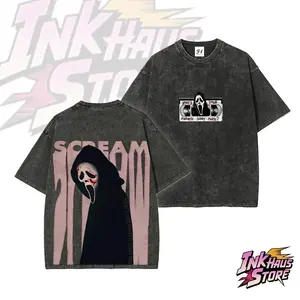 "Ghostface Killer" from the *Scream* film series, and a classic line from the film: "What's your favorite horror movie?"，Short Sleeve Cotton Unisex Retro wash Tee
