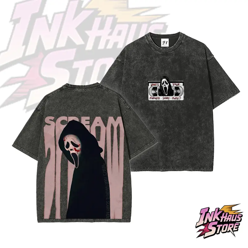 "Ghostface Killer" from the *Scream* film series, and a classic line from the film: "What's your favorite horror movie?",Short Sleeve Cotton Unisex Retro wash Tee