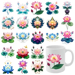 21 Pcs Lotus Flower UV DTF Stickers Cups Decoration Transfer Sticker Decal for 16 oz Tumbler UV DTF Transfer Stickers for Glass Cups Plastic Self-Adhesive Labels clock