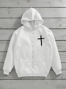 Unique Design Cross Print Sweatshirt, Front and Back Dual Prints, Fall & Winter Versatile Top, Casual Fitted Plain Pattern, Graphic Casual Hoodie