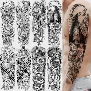 8 Sheets Phoenix Wolf Flower Temporary Tattoos, Full Arm Sleeve Fake Body Art Stickers, Waterproof Realistic Skull Rose Design