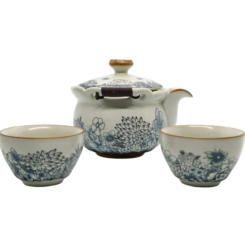Handmade Butterfly Lotus Hand-Painted Ceramic Tea Set - Full Set with 1 Teapot (Lid, Spout), 2 Round Tea Cups, Anti-Skid Classic Chinese Heat-Resistant Daily Use Kitchen Ware, Easy to Clean