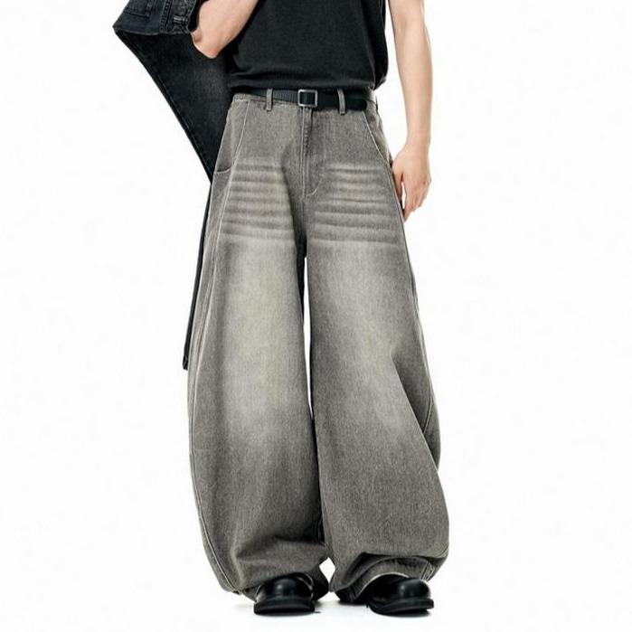 Inflation Baggy Washed Streetwear Wide-Leg Curved Blade Denim Pants Spring Summer New American Style Loose Fit Cargo Jeans Men's Casual Beige Plain Trousers with Pockets Pull On Valentine's Day