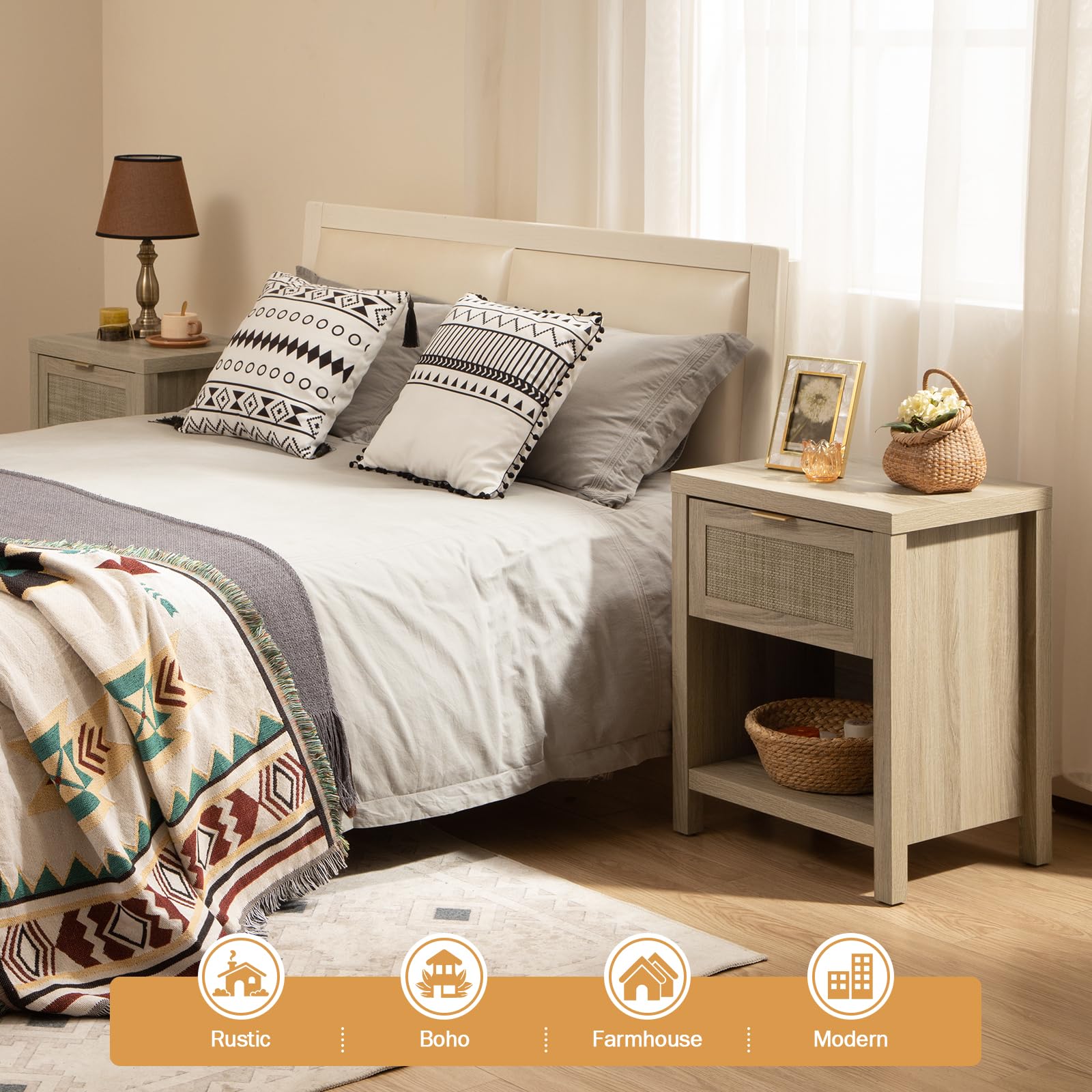 SICOTAS Classic Rattan Nightstands - Unique Farmhouse Style Bedside Table with Drawer and Open Shelf, Durable Engineered Wood Construction, Versatile Side Table for Living Room and Bedroom, Easy to Assemble, Modern Home Decor SICOTAS Classic Rattan Nightstands - Unique Farmhouse Style Bedside Table with Drawer and Open Shelf, Durable Engineered Wood Construction, Versatile Side Table for Living Room and Bedroom, Easy to Assemble, Modern Home Decor