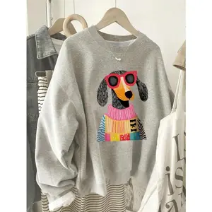 Cute Dog Graphic Oversized Crew Neck Long Sleeve Sweatshirt, Casual Women Pullover
