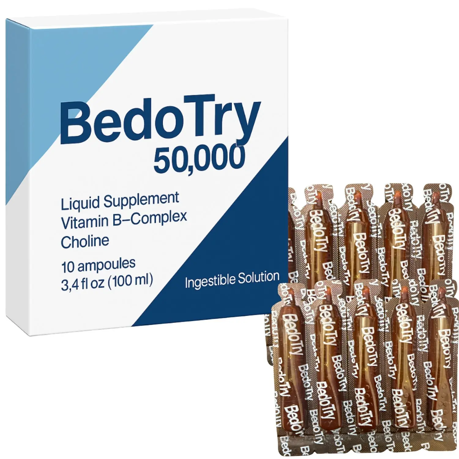 Bedo Try 50,000 Liquid Vitamin B Complex with B12, Folic Acid, Biotin & Choline - 10 Orange Flavor Ampoules - Complejo B Líquido - Supports Energy Metabolism & Daily Wellness for Adults