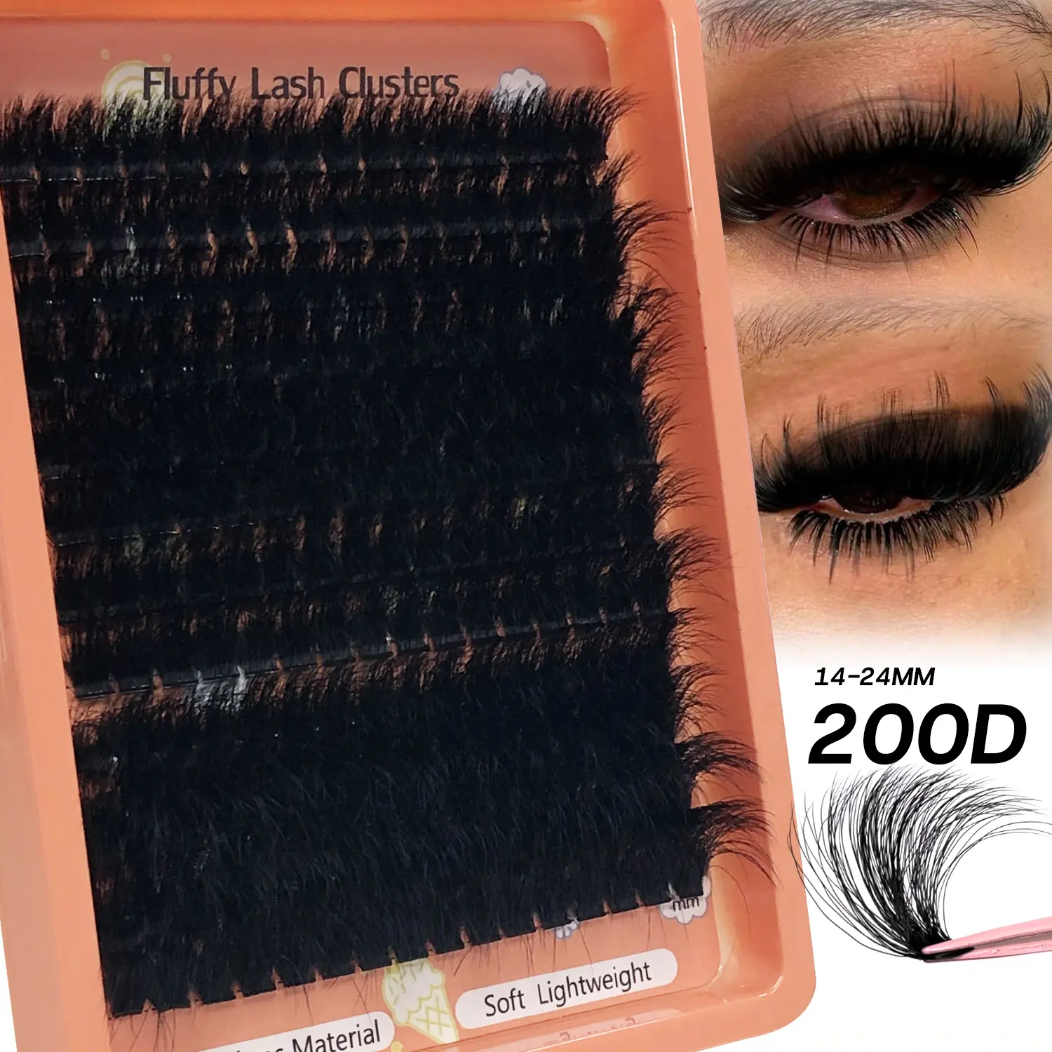 Thick Lash Clusters 14-24mm Long 200D Cluster Eyelash Extensions Waterproof Volume Eyelash Clusters 192Pcs Individual Lashes Soft Wispy False Eyelashes DIY Lash Extension Makeup