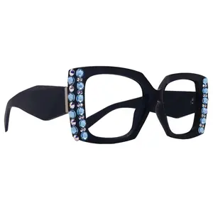Penelope, Bling Reading Glasses for Women, Handmade with Aquamarine n AB Genuine European Crystals, Black, Square. NY Fifth Avenue Lightweight Clear