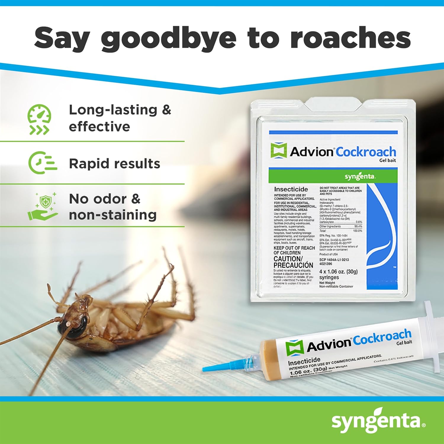 Advion Cockroach Gel Bait, 4 Tubes x 30-Grams, 1 Plunger and 2 Tips, German Roach Insect Pest Control, Indoor and Outdoor Use, Roach Killer Gel for American, German and Other Major Cockroach Species