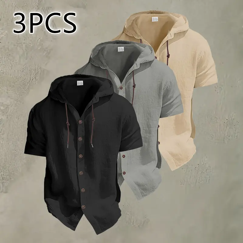 3-Pack Men’s Casual Solid Color Hooded Short-Sleeve Shirt – Button Closure, Lightweight & Breathable, Minimalist Design, 95% Linen, 5% Polyester; Ideal for Indoor Parties and Outdoor Activities, a Summer Must-Have Trendy Style.Summervibes