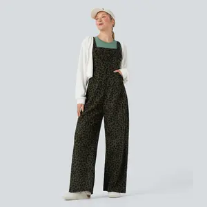 Halara Leopard Print Corduroy Relaxed Casual Overalls with Pockets