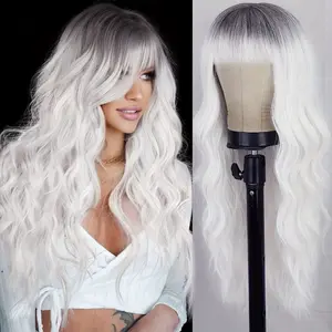 CHAOEE White Wigs for Women Ombre White Wig with Bangs Long Wavy Wig Hair Dark Root Synthetic Wigs Heat Resistant Fiber for Daily Party Use
