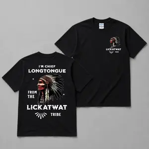 Lickatwat Chief Longtongue T-Shirt, Native Chief Headdress Back Print Graphic Tee, Funny Tribe Parody Shirt, Vintage Western Humor Design, Front Chest Logo Casual Outfit, Bold Statement Apparel Gift for Men and Women.