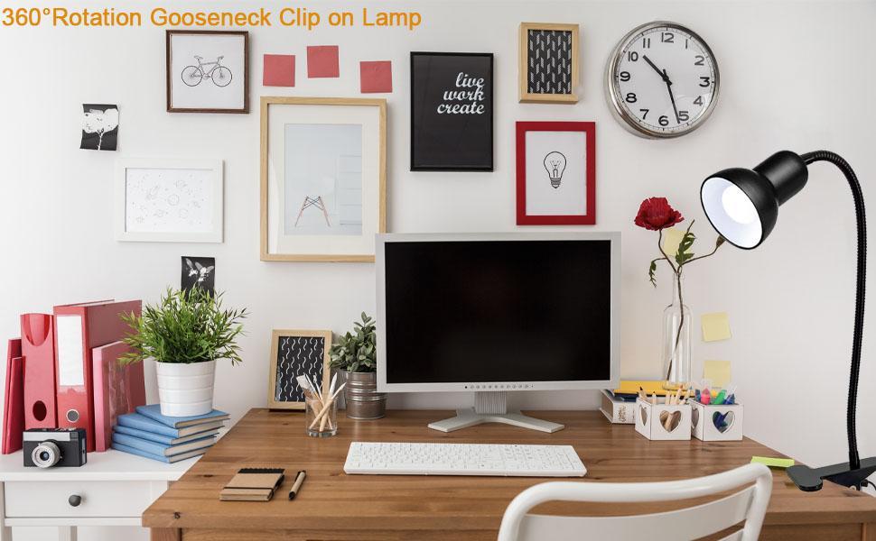 Desk Lamp, 360 Rotation Clip On Reading Light - Gooseneck Lamp with Cable, Portable Clamp Light for Bedroom, Office, Home Lighting