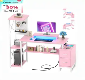 Computer Desk with 2 Fabric Drawers Reversible Home Office Desk with Power Outlet & LED Lights, 53" Writing Desk with Monitor Stand & Storage Shelves