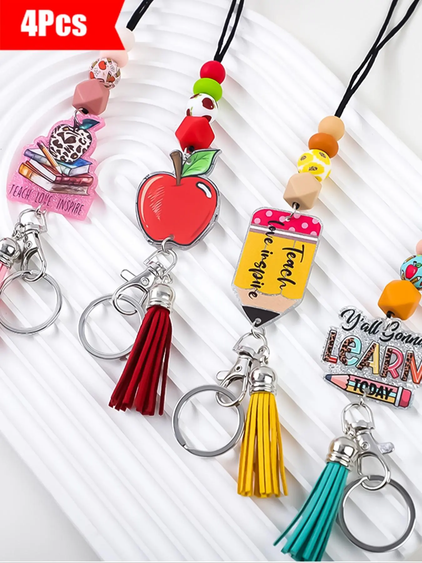 4-Piece Candy Color Silicone Beaded Lanyard Keychain Set, Trendy Cute Girly Keychain, Features Apple, Pencil, and Book Motifs, Ideal Teacher's Day Gift and Friends' Present, Cute Keychain